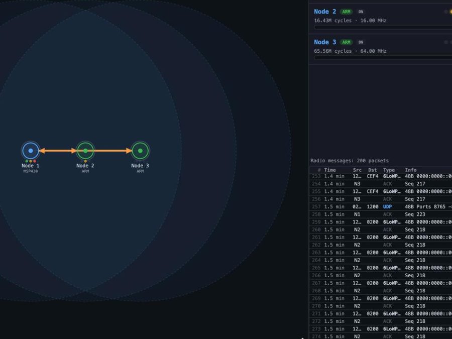 Three motes in a row with arrows between them and a packet log