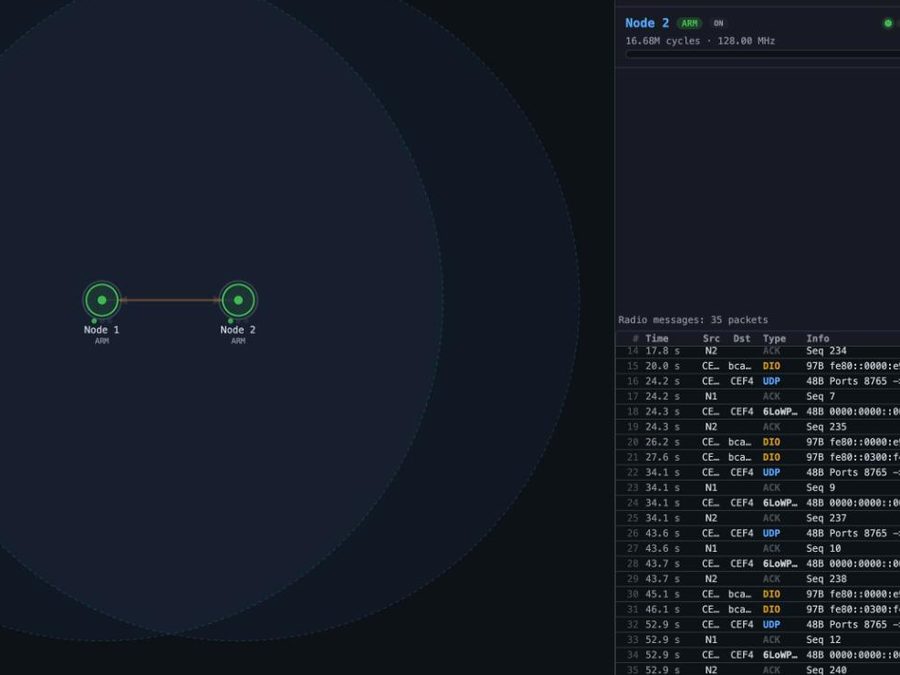 Two motes linked by a radio arrow, with a packet log