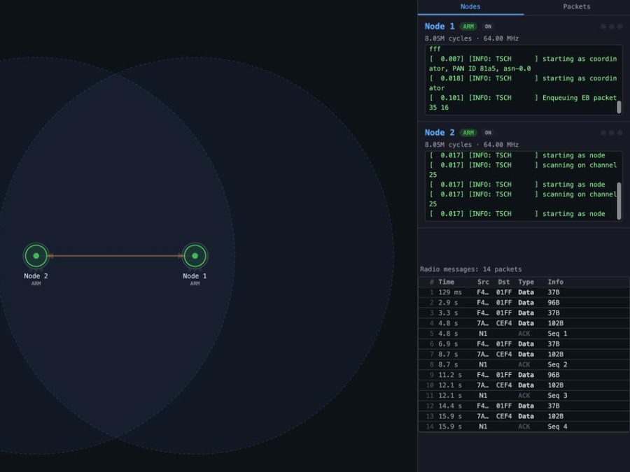 Two motes with TSCH log lines in the node list and data frames with ACKs in the packet log